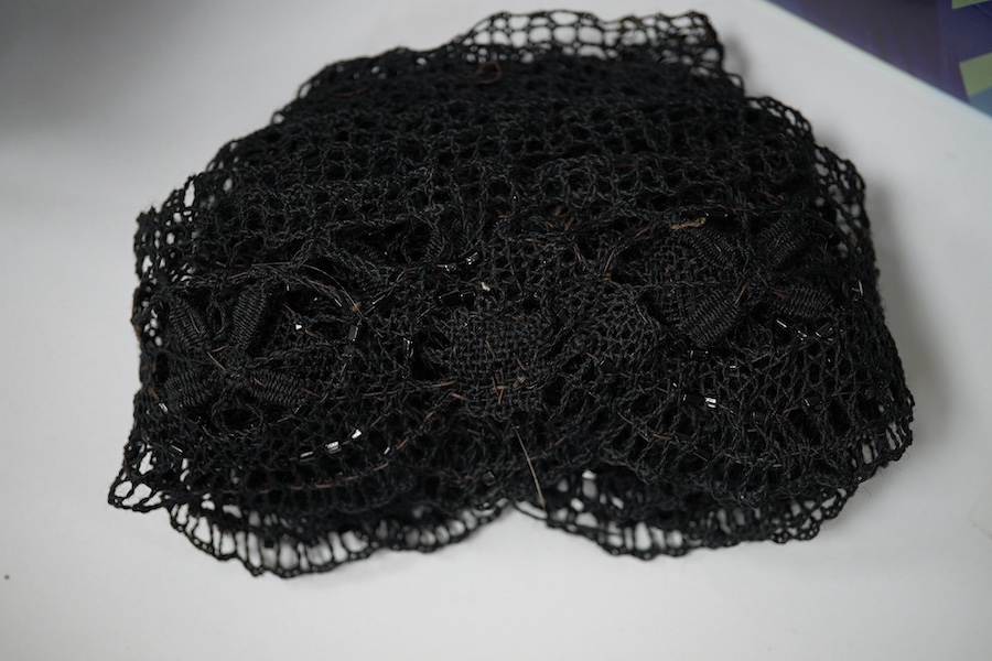 A collection of Victorian Jet mourning jewellery, Jet appliqués for clothing, black lace and a pair of cut steel knitted mittens etc. Condition - mostly good some lace fragile